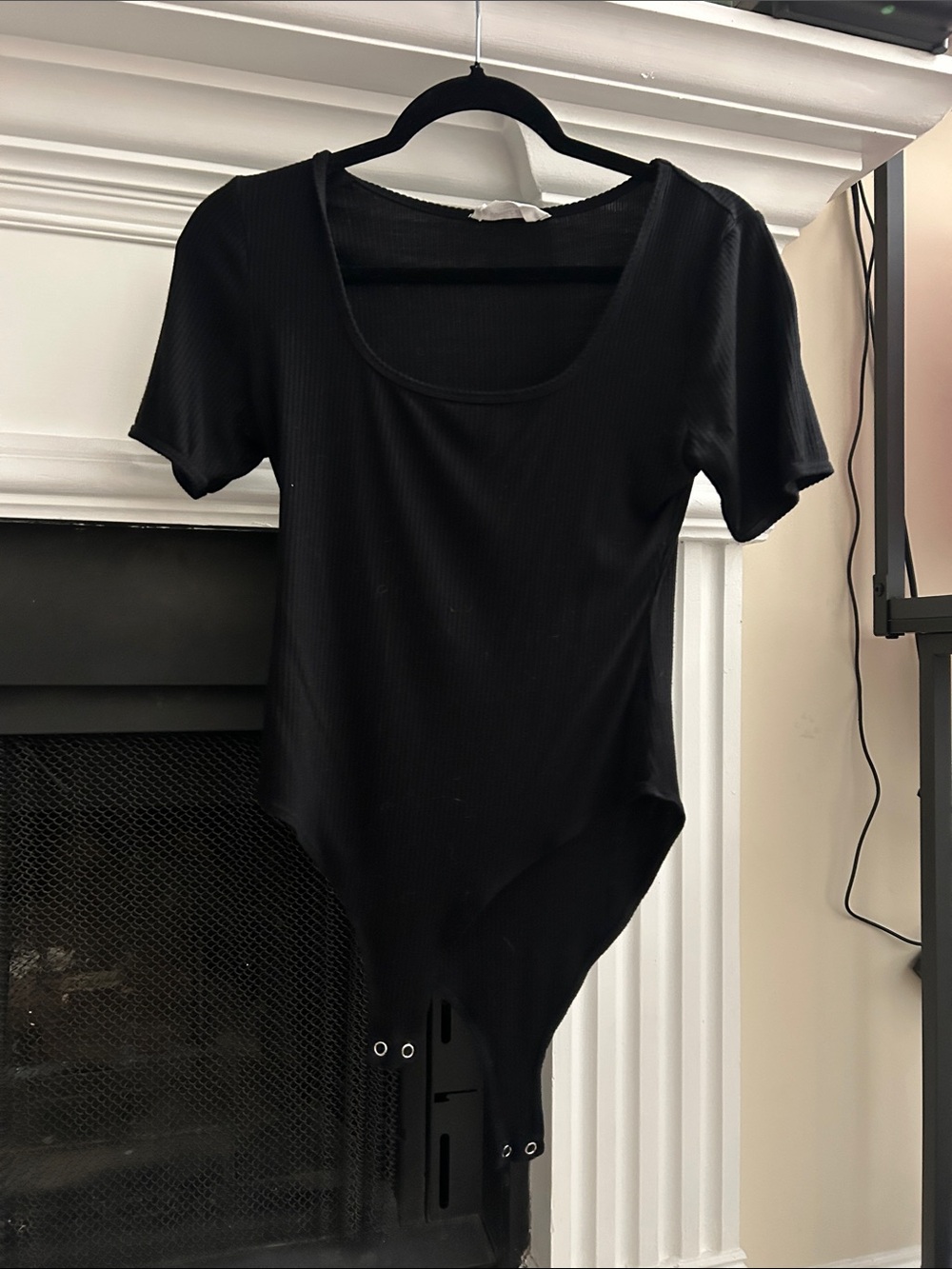 Scoop Neck Black Ribbed Short-Sleeve Bodysuit - Women's Top